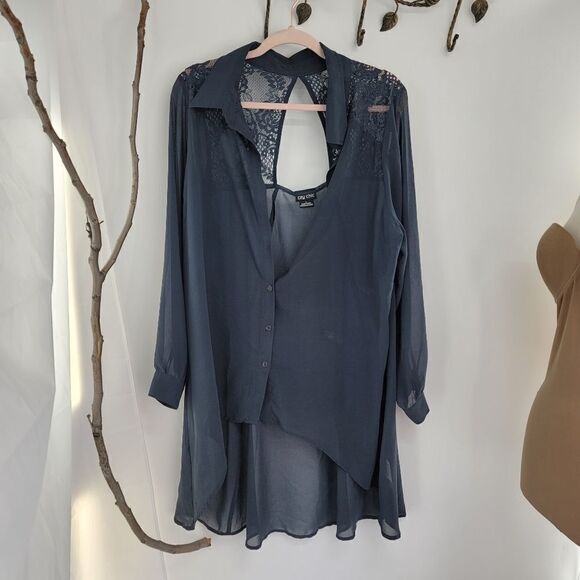 City chic gray sheer lace panel tunic high low - Picture 1 of 10